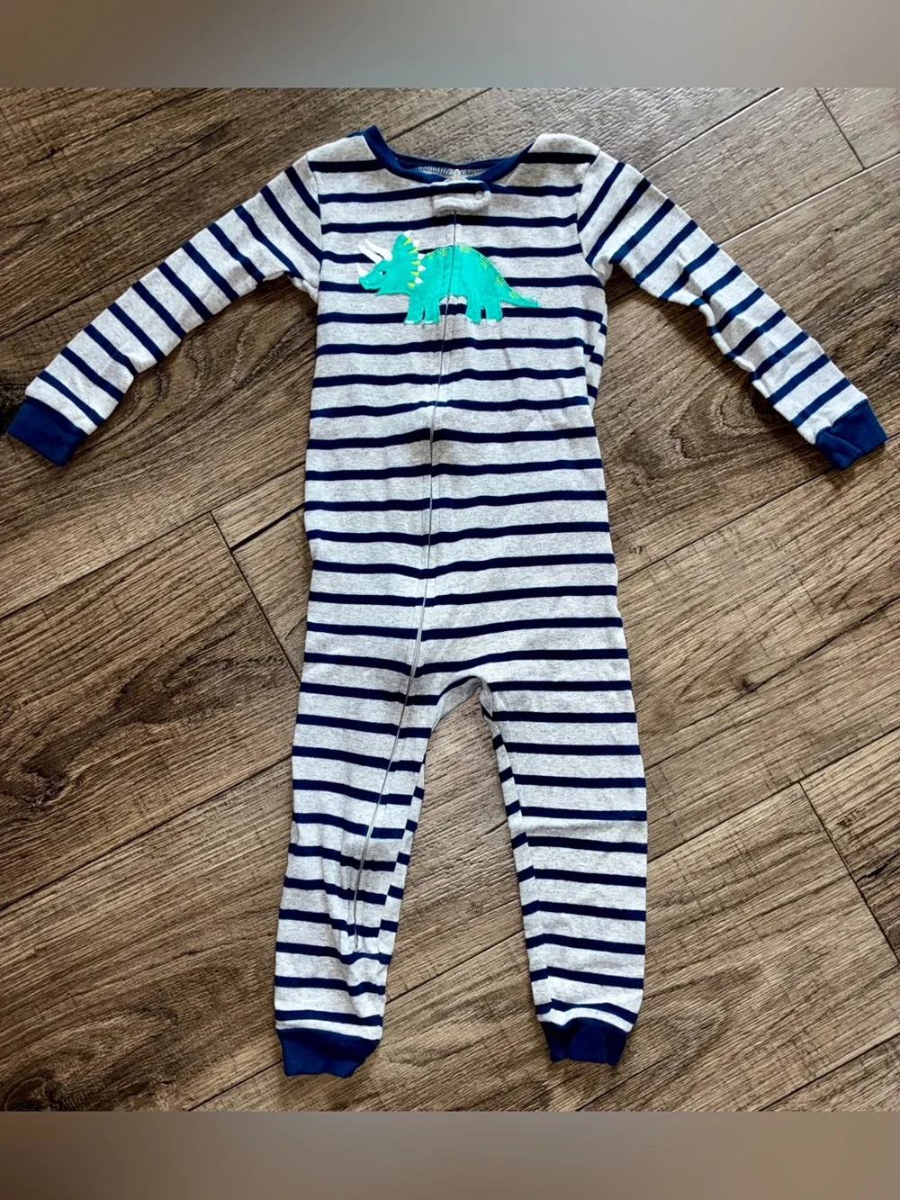 Striped Navy & Gray Dinosaur Footed One-Piece for Kids